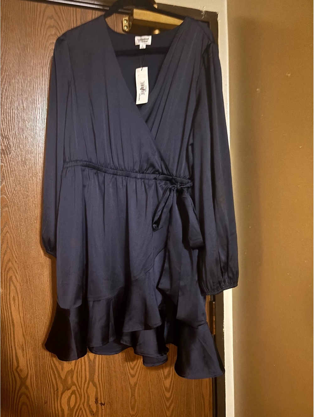 NWT Fall Navy Blue Silky Wrap Midi Dress